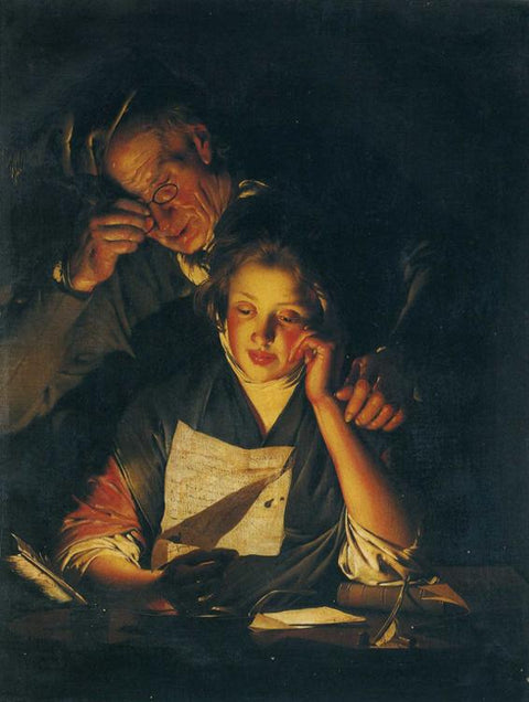 Una chica leyendo una carta, con un anciano leyendo sobre su hombro