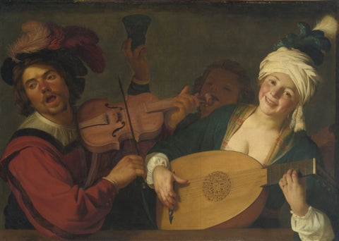 Un grupo alegre detrás de una balaustrada con un violín y un laúd