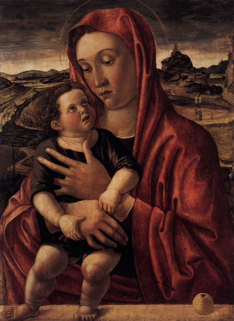Madonna, con el niño de pie en un parapeto
