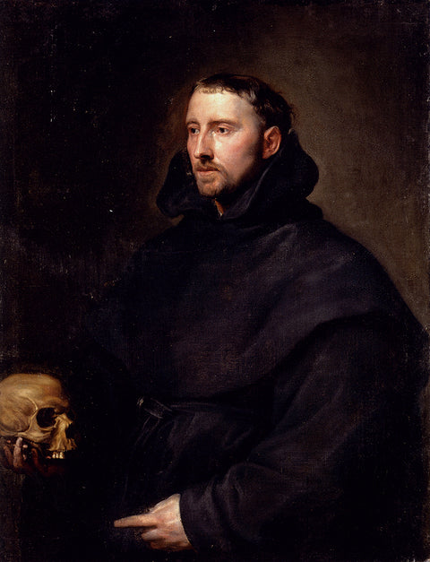 Retrato de un monje de la orden benedictina, sosteniendo un cráneo