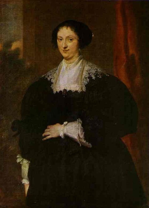 Retrato de una dama vestida de negro, antes de una cortina roja
