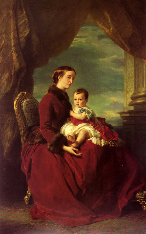 La emperatriz Eugenia sosteniendo a Luis Napoleón, el Príncipe Imperial, de rodillas