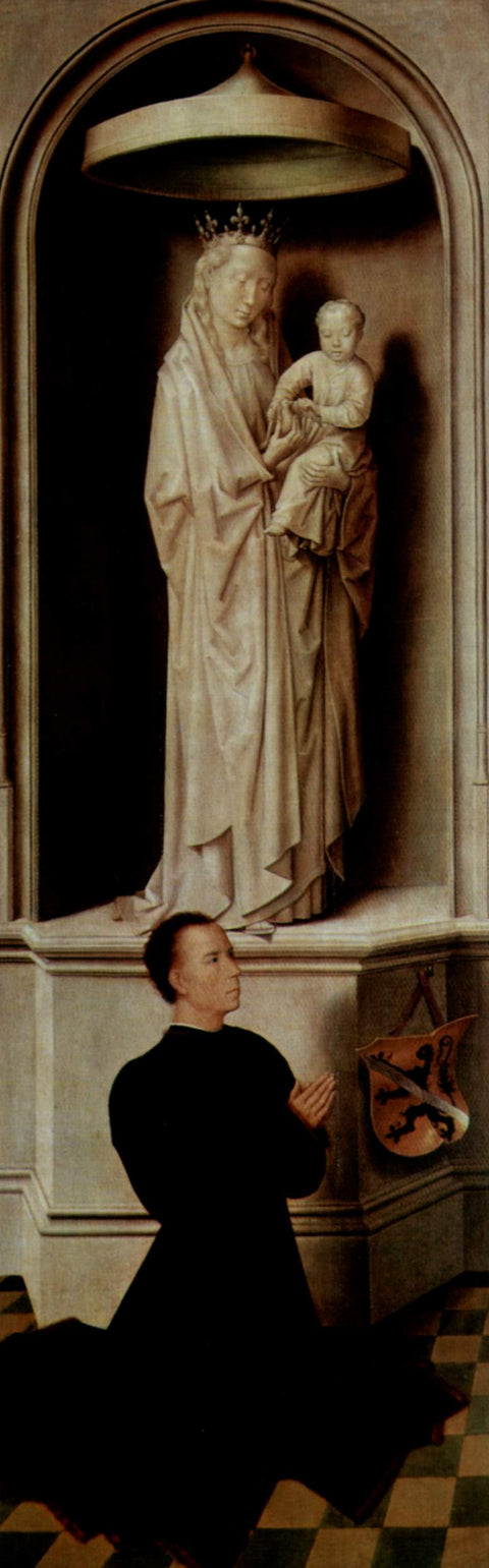 Vista del juicio final con sus paneles cerrados, representando a los donantes, Angelo di Jacopo Tani y su esposa, Caterina de Tanagli, debajo de la Madonna y el niño y San Miguel