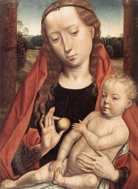 Virgen con el niño alcanzando su dedo del pie