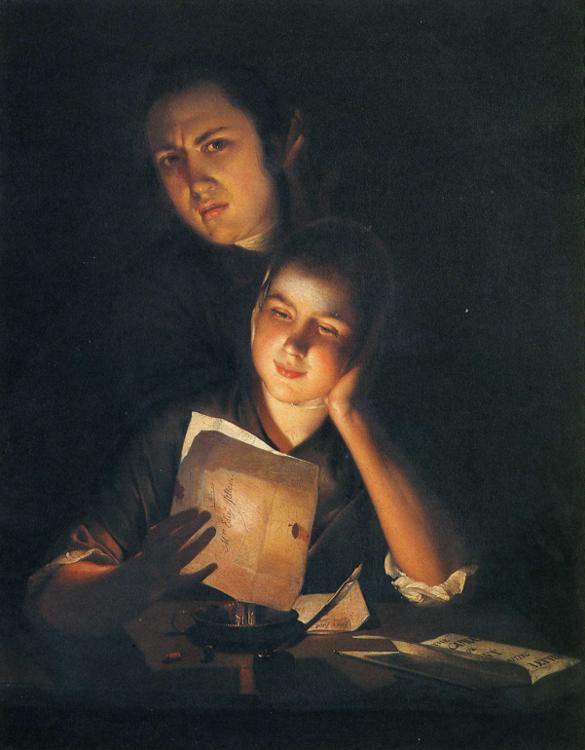 Une fille lisant une lettre à la lueur des chandelles, avec un jeune homme regardant par-dessus son épaule