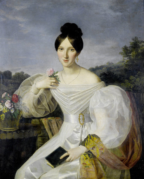 A lady in a white dress and shawl before a Viennese landscape
