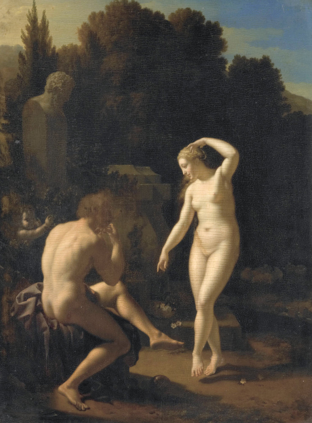 A nymph dancing before a shepherd playing a flute