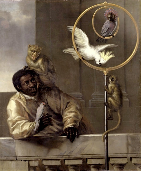 Black Man with Parrots and Monkeys