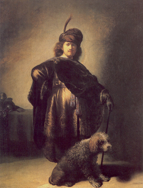 Self-portrait in oriental attire with poodle