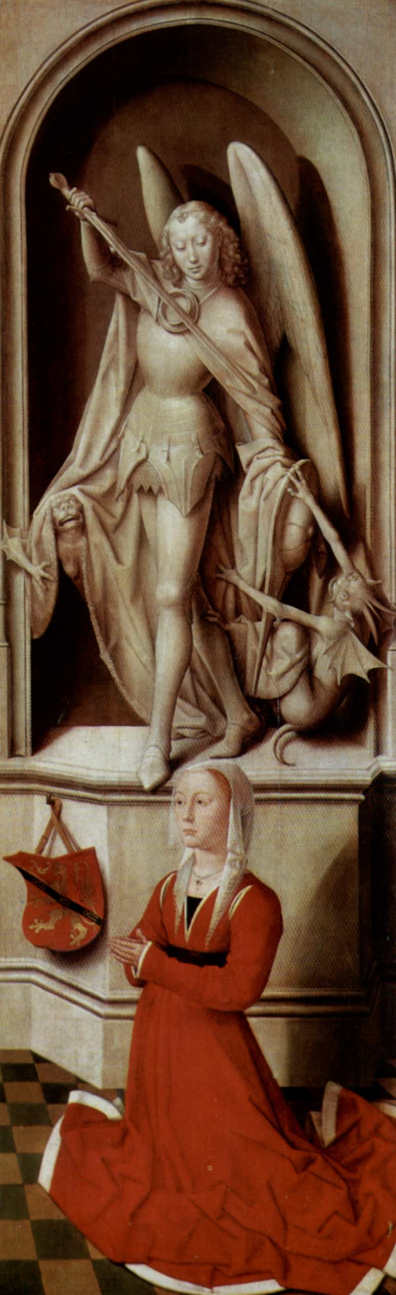 The Last Judgment, triptych, right wing Praying donor Catherine Tanagli with archangel Michael