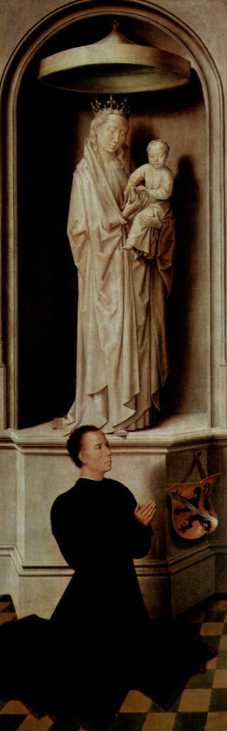 View of The Last Judgement with its panels closed, depicting the donors, Angelo di Jacopo Tani and his wife, Caterina de Tanagli, below the Madonna and Child and St. Michael