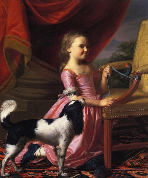 Young lady with a bird and dog